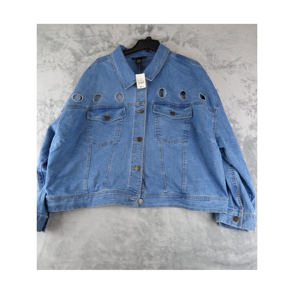 NWT Ashley Stewart Rhinestone Cutout Denim Jacket Blue Studded Plus 26/28